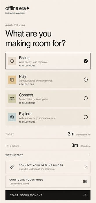 Offline Era iPhone app dashboard showing unique selections for each mode and Offline History