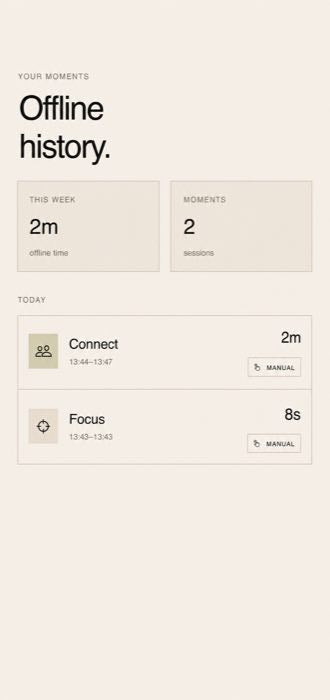 Offline History in the Offline Era iPhone app showing moments and time made room for