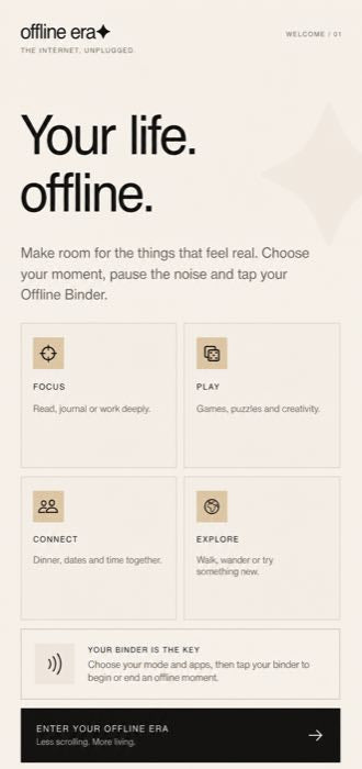 Welcome screen in the Offline Era iPhone app showing the four offline modes